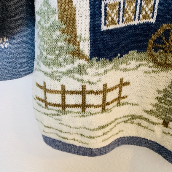 Vintage Christmas Sweater Large Blue Cottage Theme Sleigh Ride Horse Cabin USA - Picture 9 of 14